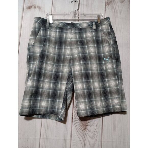 Puma Shorts Men's 36 Burmuda Shorts Gray Blue Plaid - Picture 1 of 6